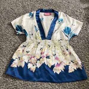 Yumi Kim Silk Floral Kimono Chinese Style Blouse Top Size S Blue White